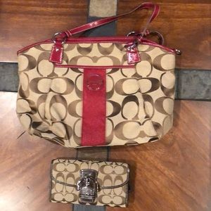 Coach Red and Tan handbag and tan wallet